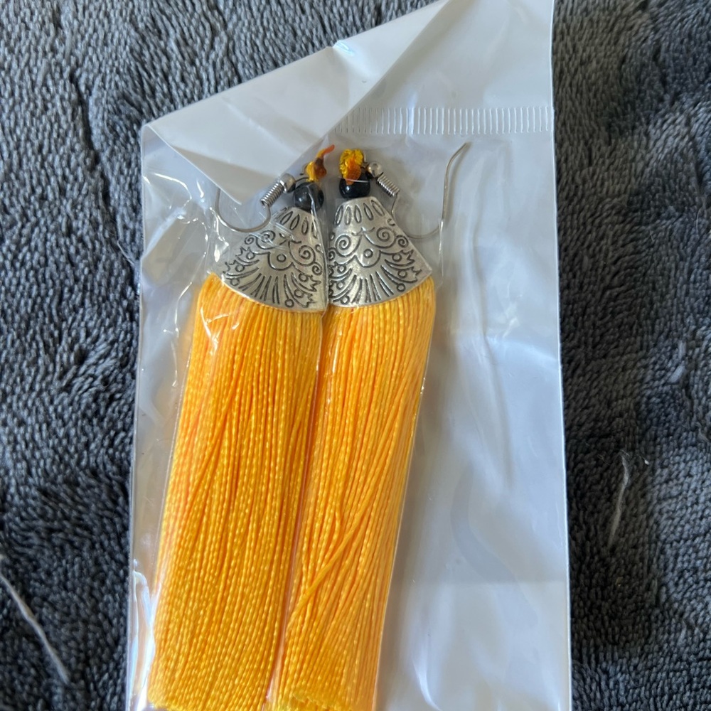 Yellow Tassel Earrings with Silver Accents